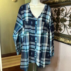 NWOT Roaman's Flannel Shirt- blue plaid Boho Pin tucked/asymmetrical hem Sz 28 W